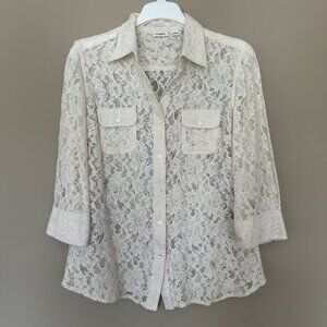 Full Lace Button Shirt Women L Cottagecore Fairy 3/4 Sleeve Ivory Boho Floral